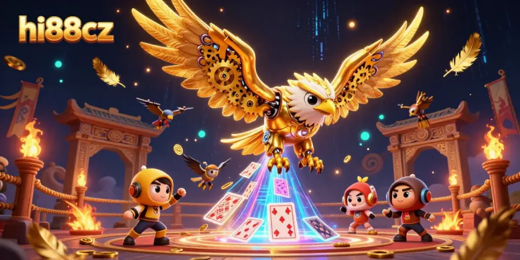 Engage in thrilling gaming at hi88cz with a cybernetic golden eagle navigating a vibrant casino atmosphere.