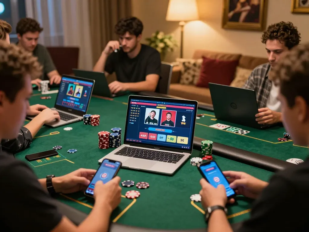 LOTO188 players engaging in strategic online bets at home with cozy ambiance and casino elements.