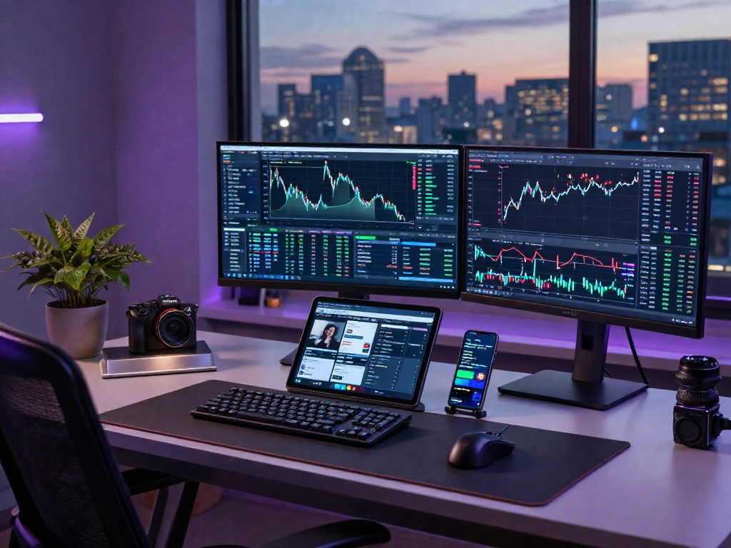 Entorno de trabajo de trading digital con Immediate Edge y análisis de mercado en múltiples pantallas.