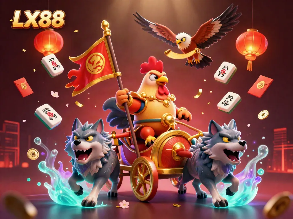 Win big with LX88's dynamic casino environment featuring an illustrated rooster warlord and casino elements.