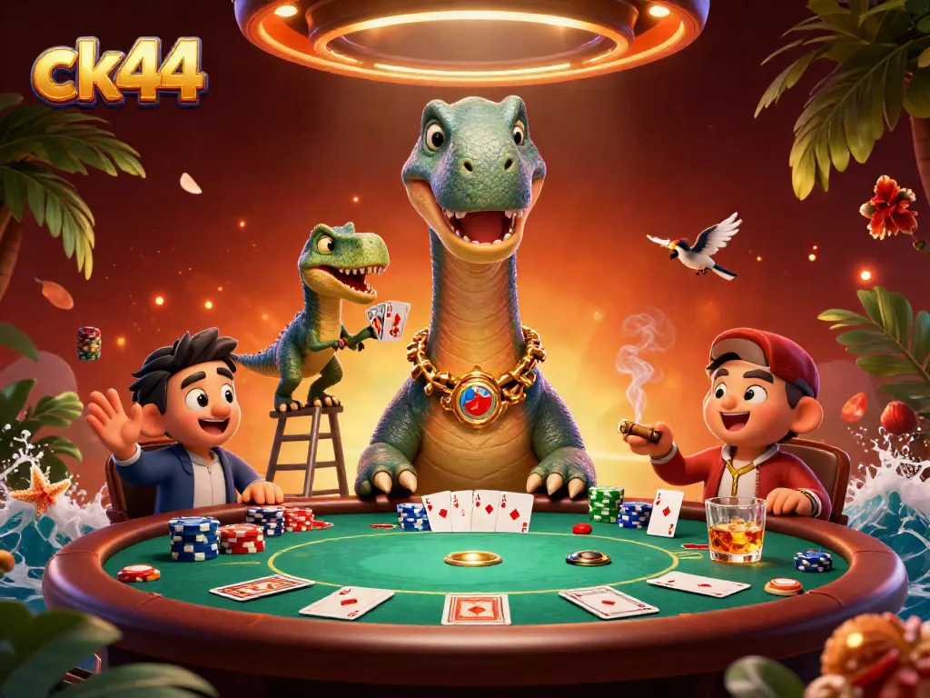 Engage with ck44's vibrant casino scene featuring a brontosaurus and raptor dealing cards.
