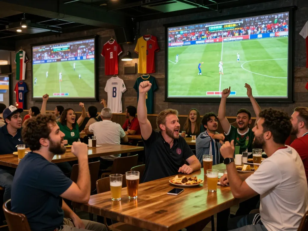 Fans celebrating during the thrilling moments of World Cup 2026 at a lively sports bar.