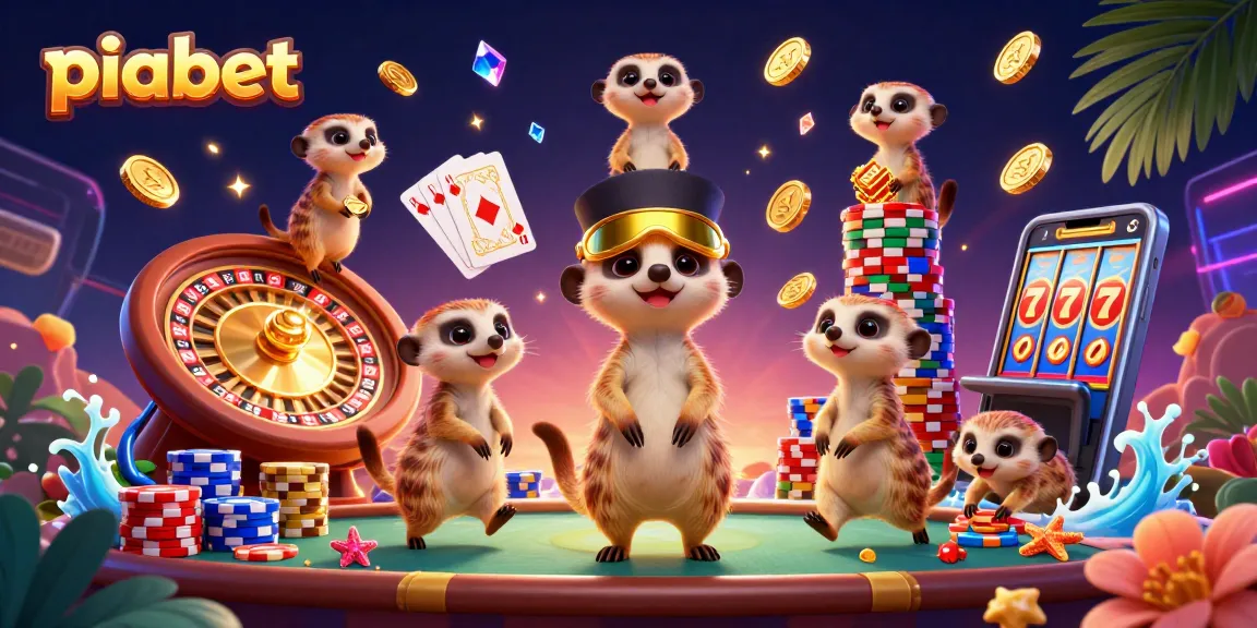 Piabet'te casino oyunları oynayan meerkat karakterleri, zengin bir casino atmosferiyle dolu.