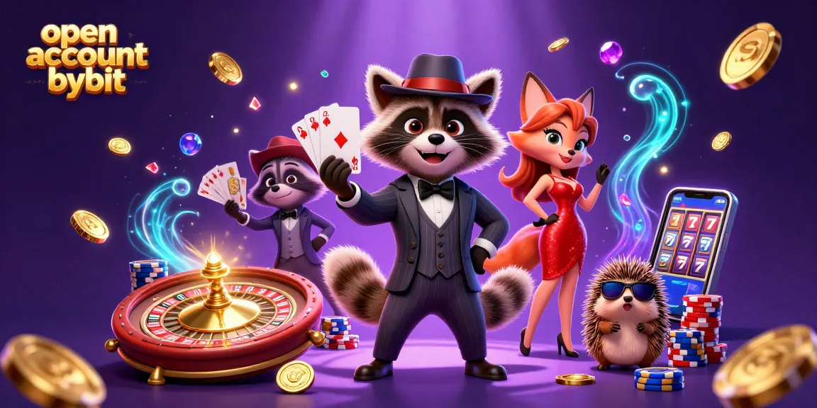 Join the fun and open account bybit with a suave raccoon and dazzling characters in a vibrant casino scene.