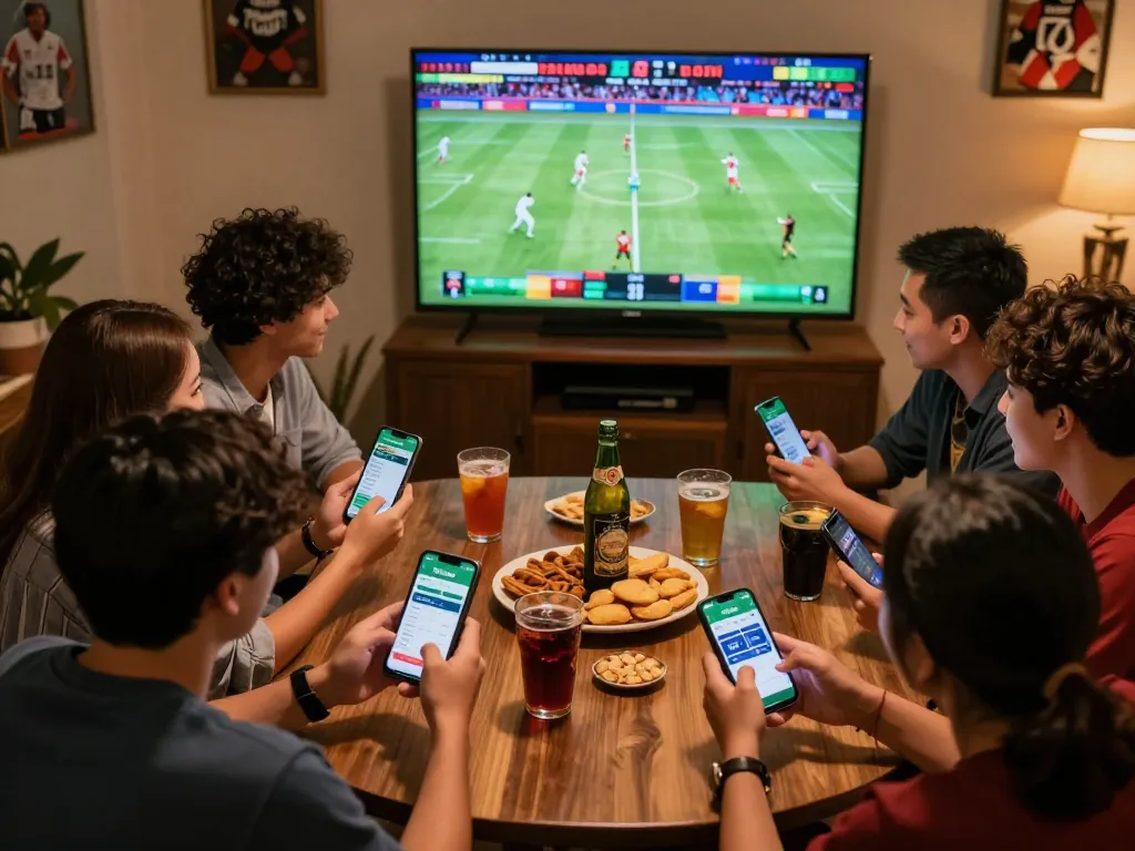 Bong99 users engaging in live betting excitement during a sports event with phones and snacks.