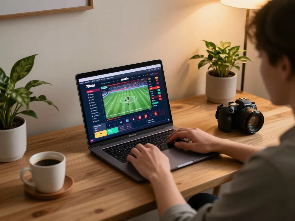 Engaging in strategic online betting on 78win with a laptop set in a cozy modern environment.