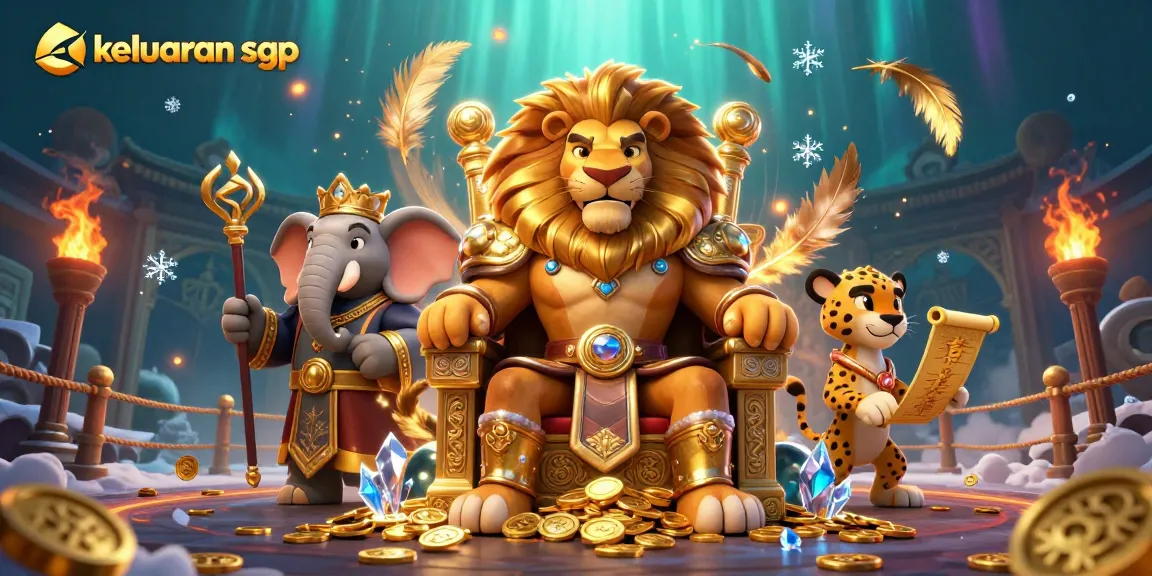 Keluaran sgp: Engaging illustration of a lion king on his throne, strategizing winnings in a dynamic gambling arena