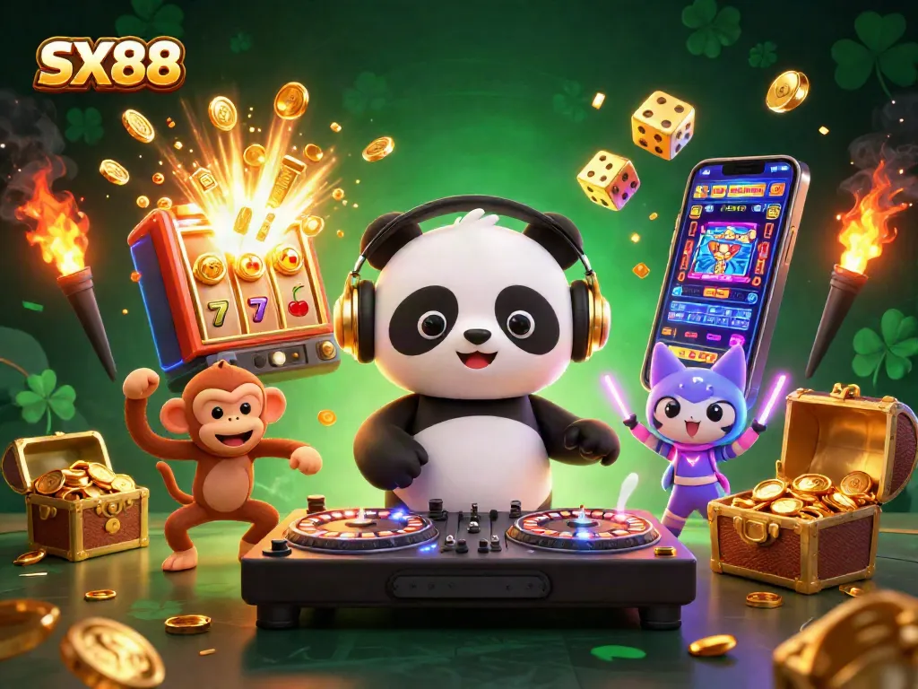 SX88 3D illustration showcasing a DJ panda, breakdancing monkey, and glow-stick kitten celebrating casino wins.