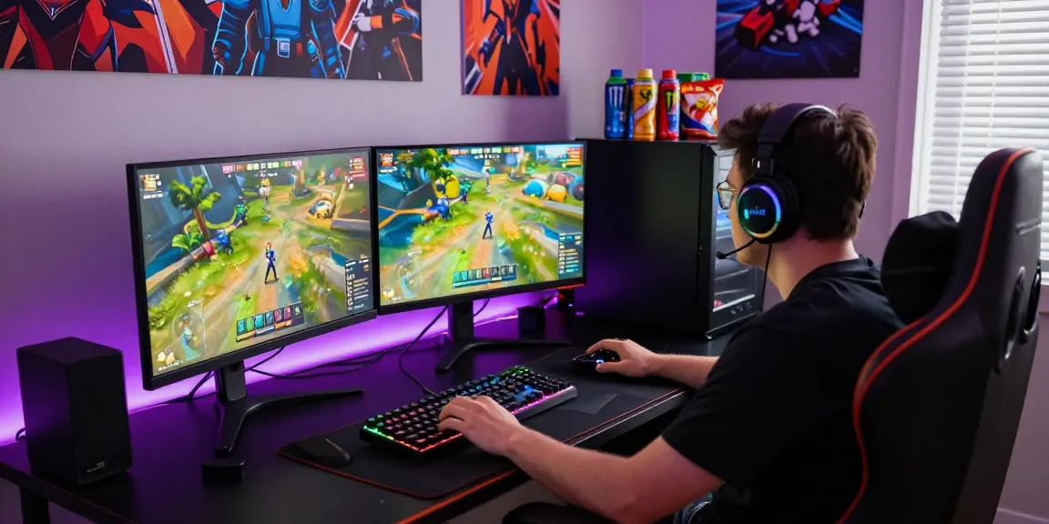 Intense gaming setup featuring dual monitors streaming PROOFCORE.IO Fortnite gameplay, vibrant RGB lights, and high-end peripherals.