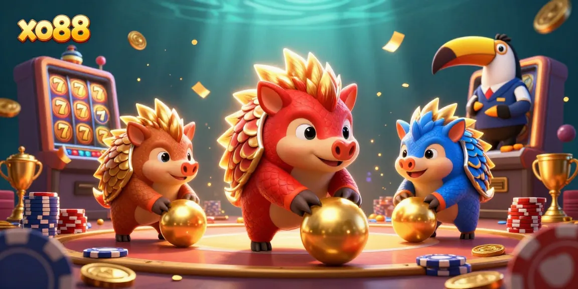 Join the action with xo88 as colorful pangolins bowl for poker chips in this vibrant casino scene!