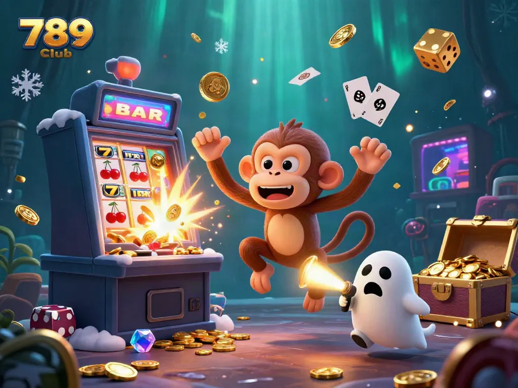 Engaging scene of the 789 Club highlighting a mischievous monkey juggling while a puppy hunts for treasures in a vibrant casino.