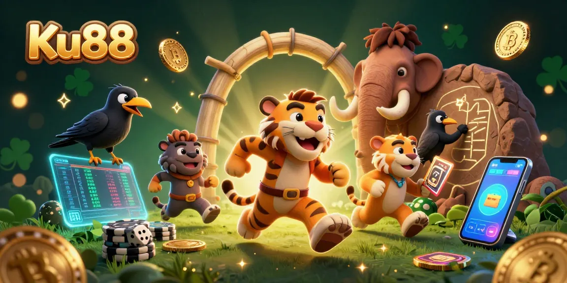 Ku88 unveils an exciting prehistoric casino scene with crypto elements and vibrant visuals.