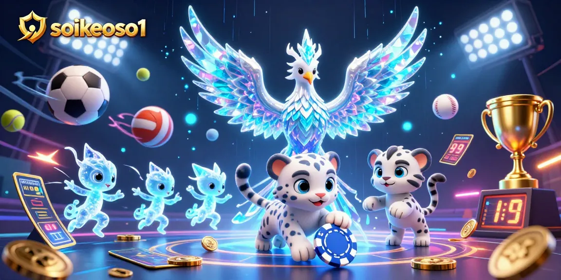 Engage in betting excitement with soikeoso1's vibrant casino scene featuring the ice phoenix and sports elements.