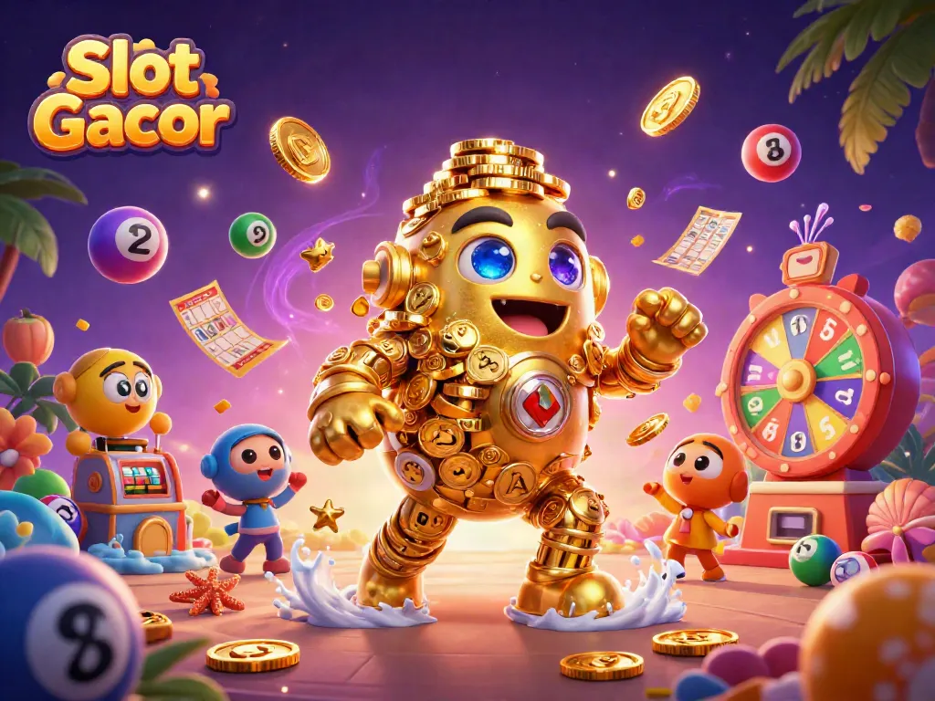 Experience Slot Gacor excitement with golden golem and dynamic casino elements in vibrant 3D style.