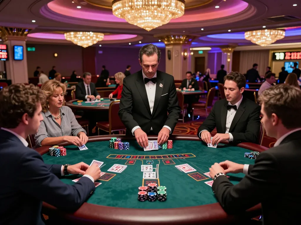 Các người chơi LUCK8 đang chiến lược đặt cược của họ tại một bàn blackjack cạnh tranh trong một sòng bạc sôi động ở Las Vegas.