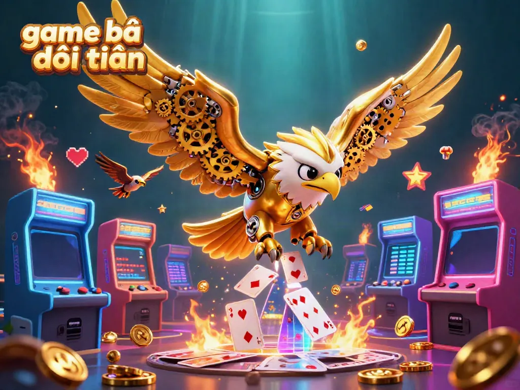 Experience game bài đổi thưởng with a striking golden eagle symbol amidst vibrant arcade elements.