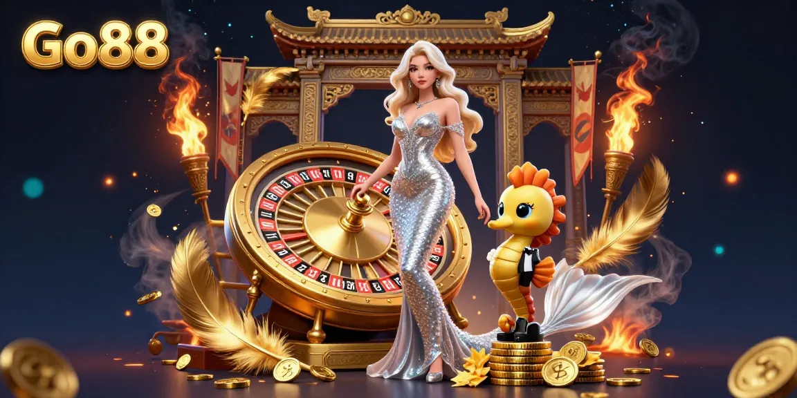 Engage in thrilling games at Go88 with golden roulettes, seahorses, and vibrant betting tokens.