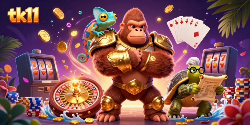 Engaging tk11 casino scene with a gorilla, chameleon, and tortoise amidst sparkling slots and casino elements.