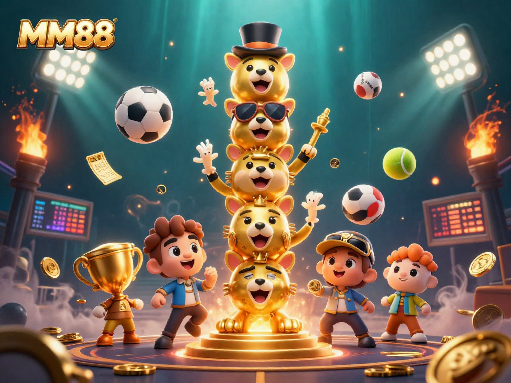 Engage with MM88's dynamic sports betting experience featuring vibrant characters and lively casino elements.