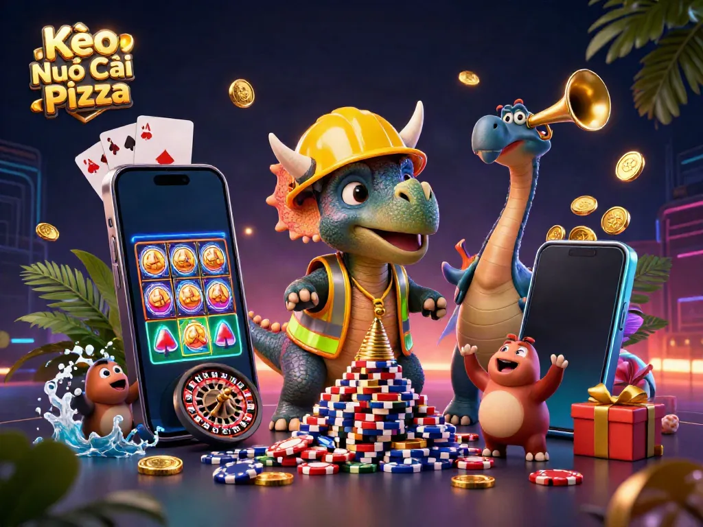 Kèo Nhà Cái Pizza scene featuring a triceratops and gaming elements celebrating bets with vibrant visuals.