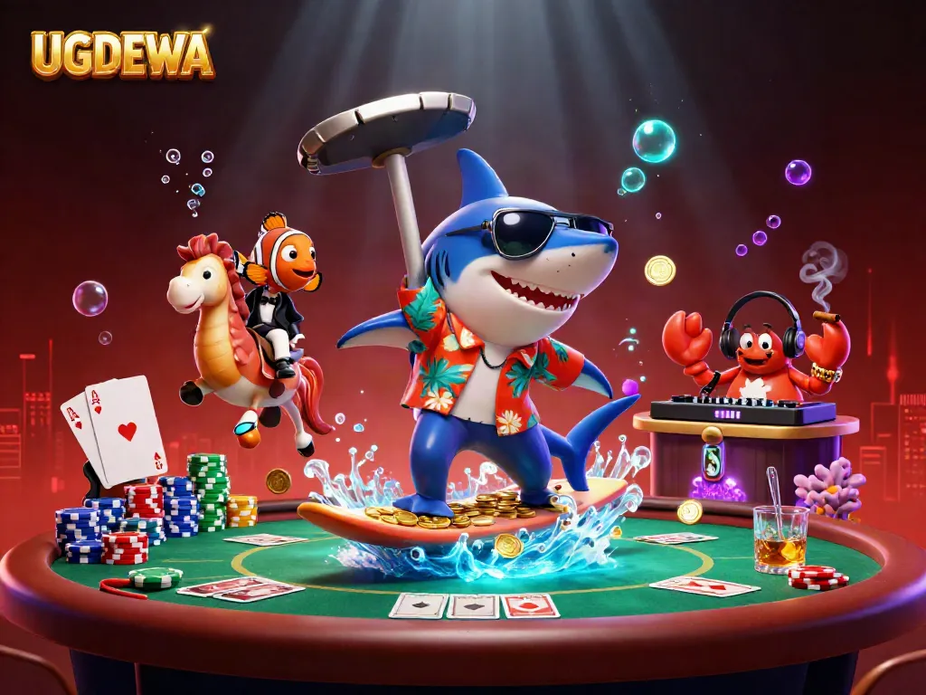 Experience winning with UGDEWA: Cartoon characters surfing on gold coins at a vibrant casino scene.