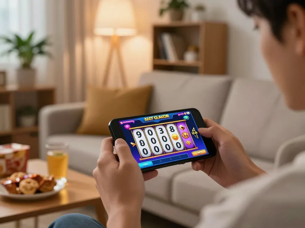 Engaging mobile gaming experience with Slot Gacor game displayed on phone screen in cozy home environment.