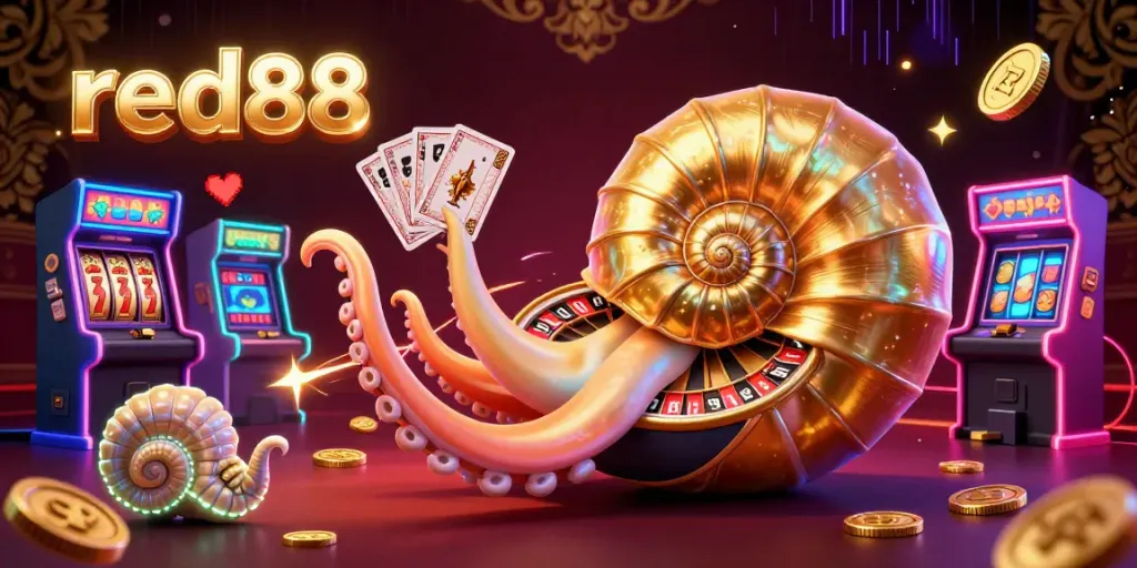 Experience the excitement of red88 with a colorful casino scene featuring a nautilus roulette wheel and vibrant game elements.