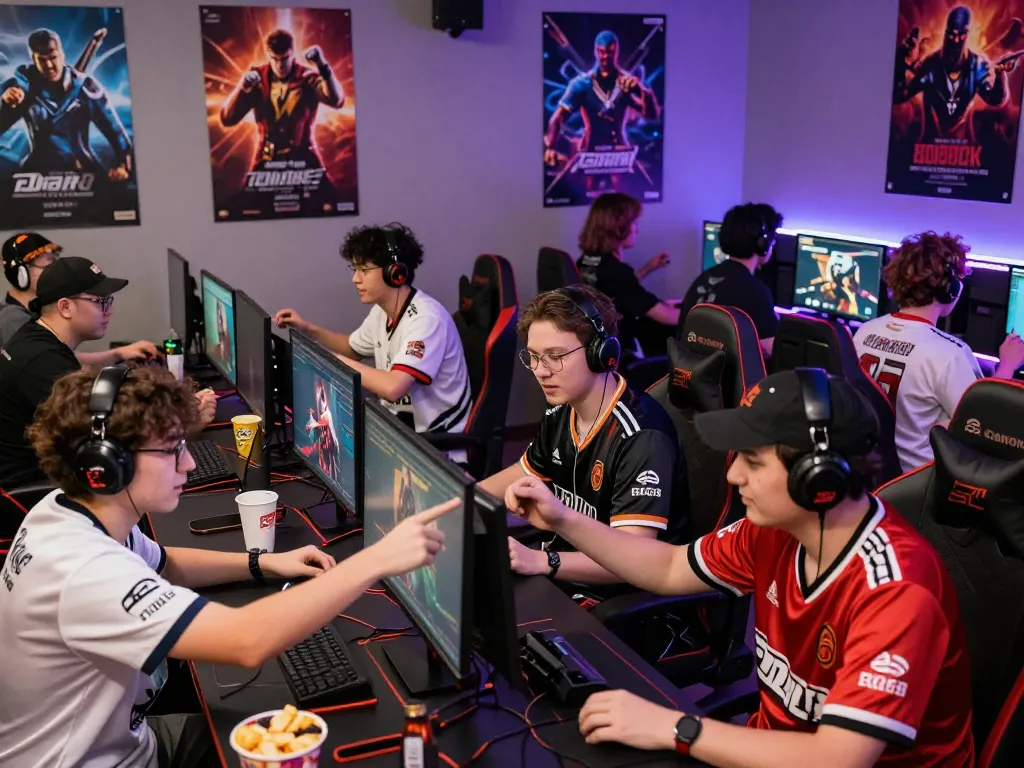 Engaging scene of ligasedayu gamers immersed in exciting multiplayer tournaments wearing jerseys and caps.