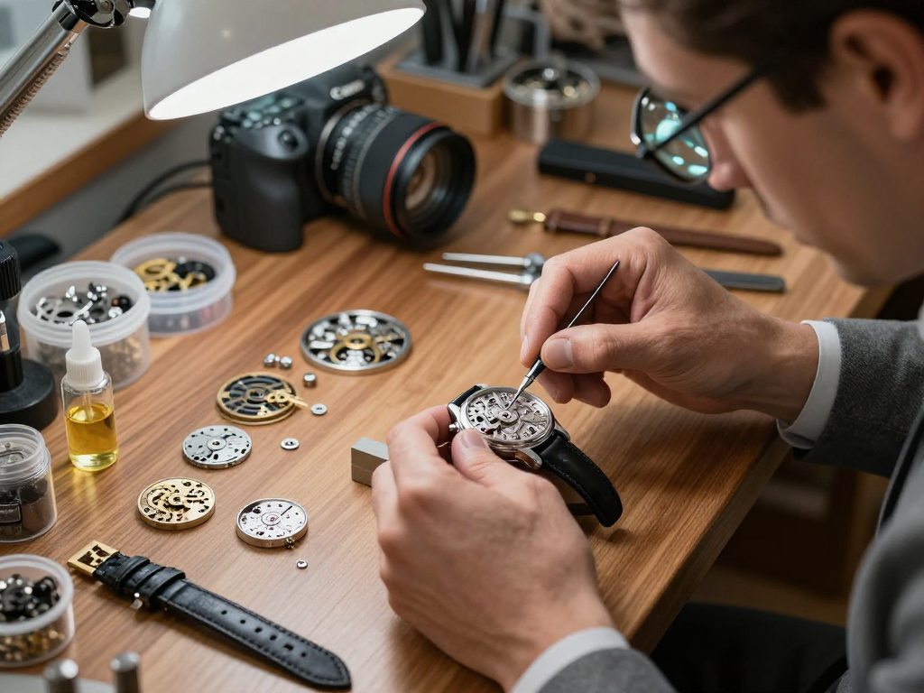 Artisan assembling luxury watches with 2135 movement parts in a detailed workshop.