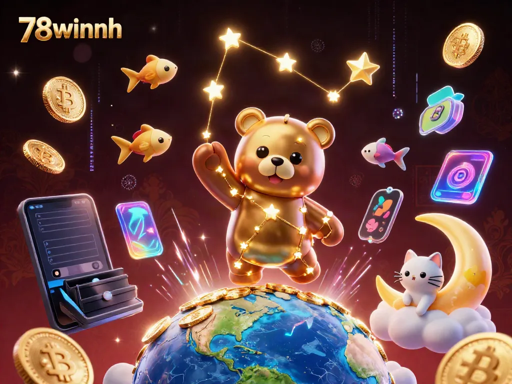 Engage with the dynamic world of 78winnh as a constellation bear scoops up coins amidst crypto elements.
