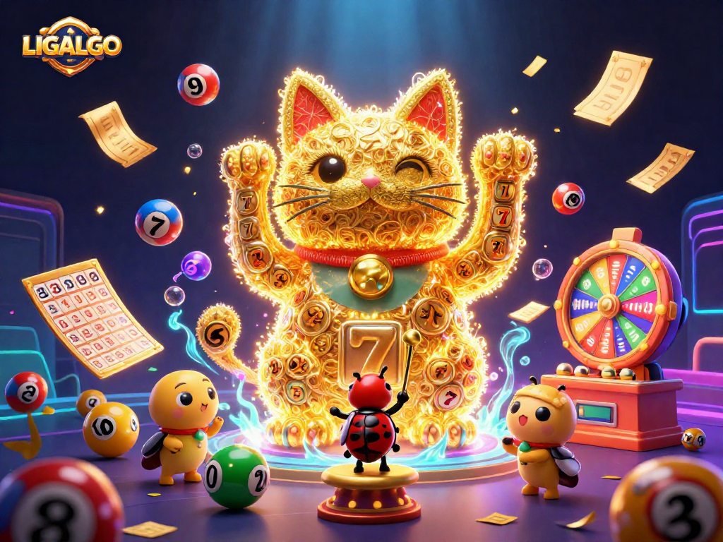 LIGALGO showcases a vibrant casino scene with a lucky cat and dynamic game elements for an engaging experience.