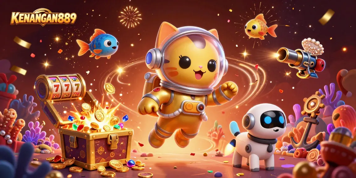 Play slots with KENANGAN889 in a vibrant, action-packed illustration featuring a cat astronaut and gaming elements.