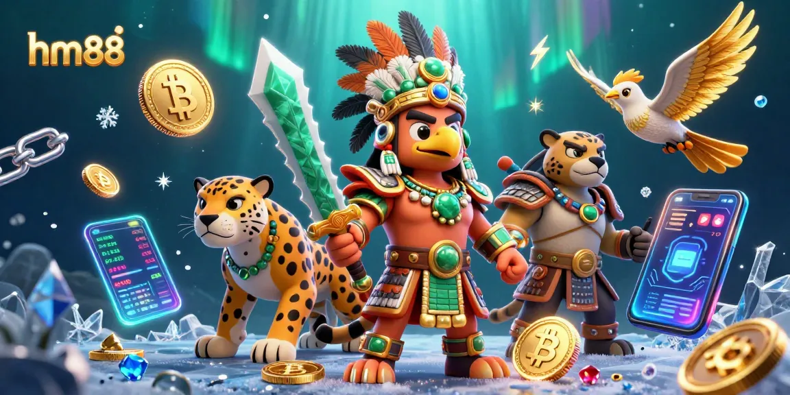 Spin and win at hm88 casino with exciting Aztec-themed warriors and crypto elements.