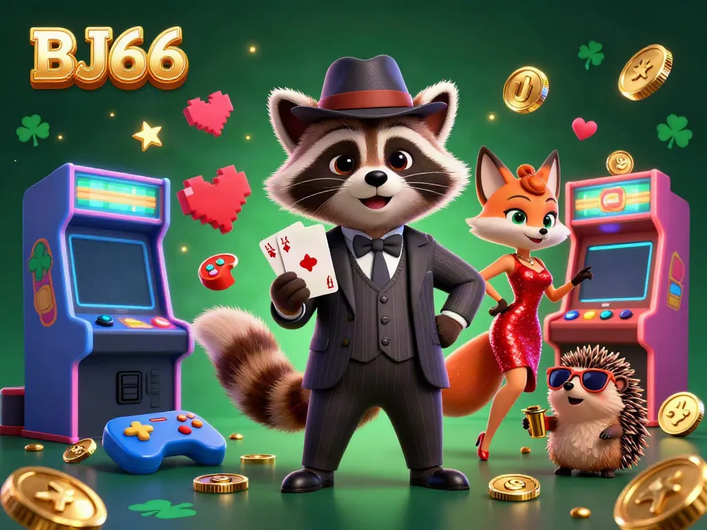 Engage with BJ66, featuring a suave raccoon, charming fox, and hedgehog bouncer amidst dazzling 3D casino visuals.