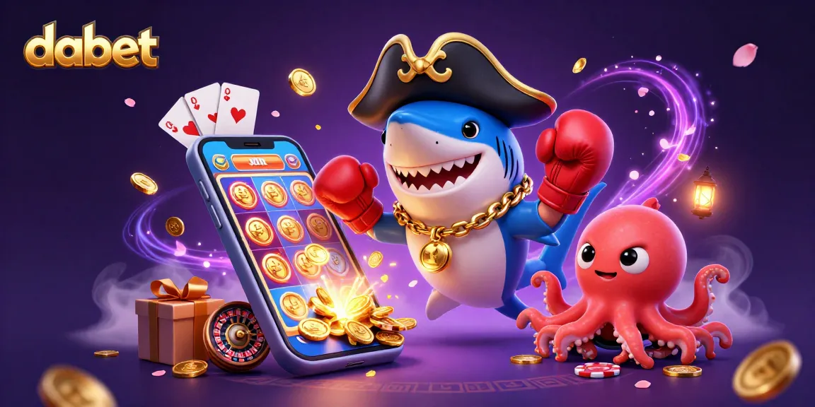 Dabet showcases a vibrant casino scene with a cartoon pirate shark, pufferfish, and octopus celebrating slots.