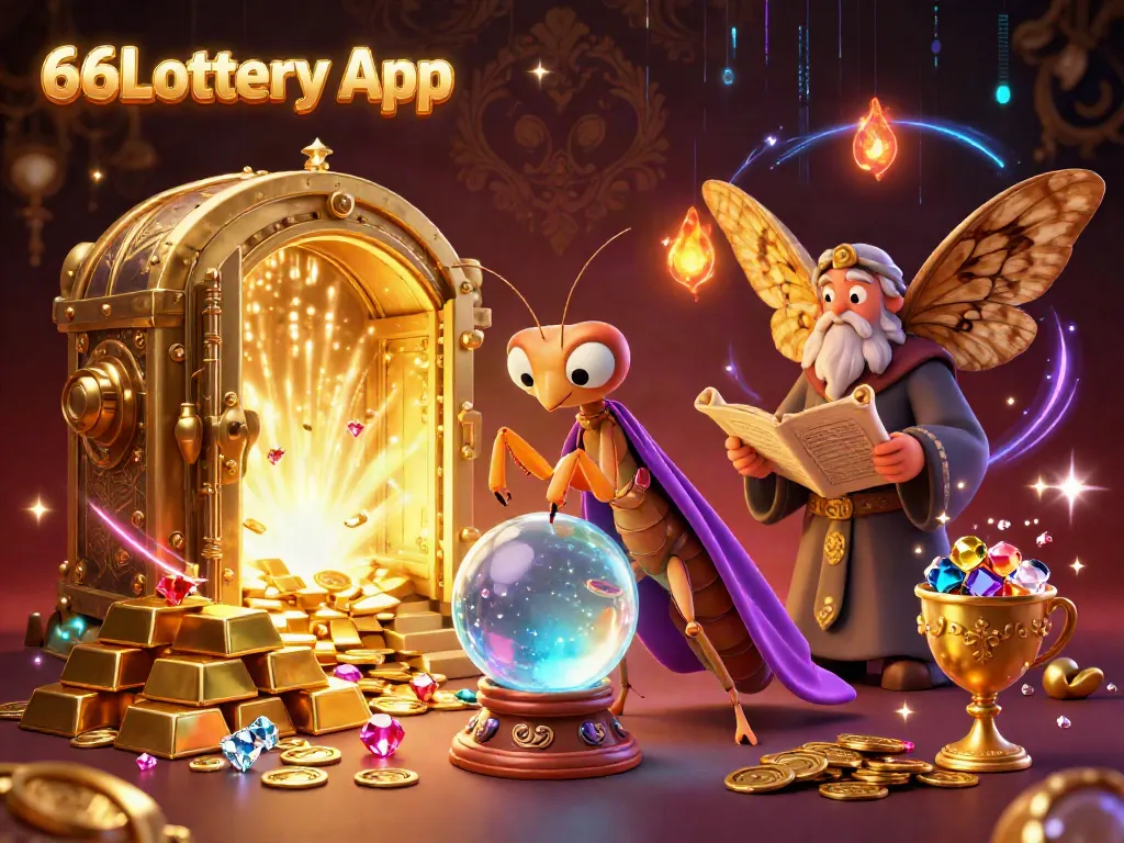 Engage with the 66Lottery App through a vibrant mystical scene depicting fortune tellers and golden treasures.
