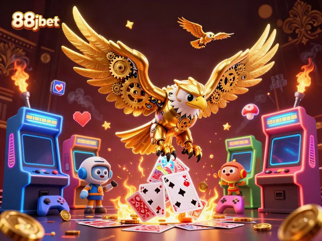 Experience excitement with 88jbet's 3D casino-themed illustration showcasing a golden eagle amidst dazzling graphics.