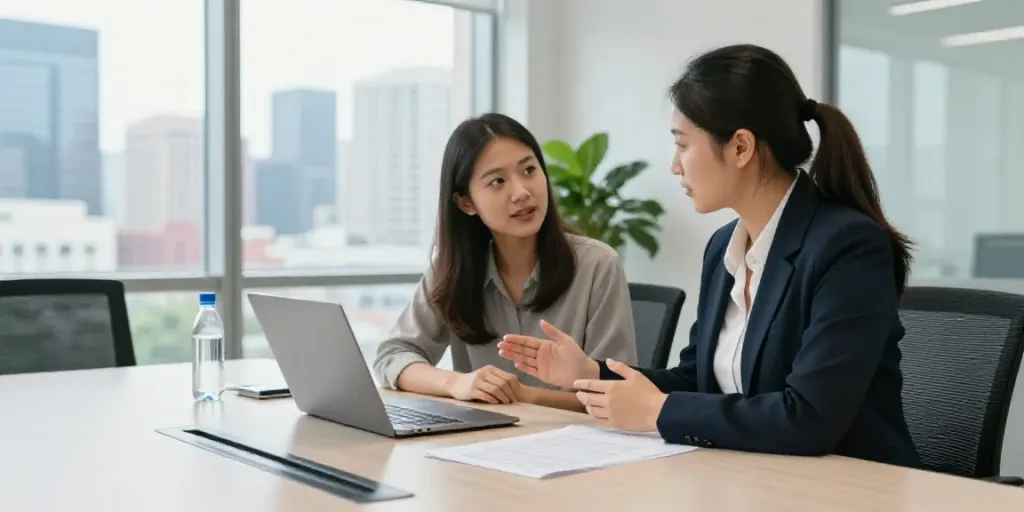 Consultant discussing Trademark credit union options with clients in modern office setting.