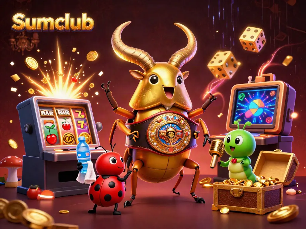 Experience the excitement of Sumclub with dynamic 3D casino action featuring a golden stag beetle and vibrant game elements.