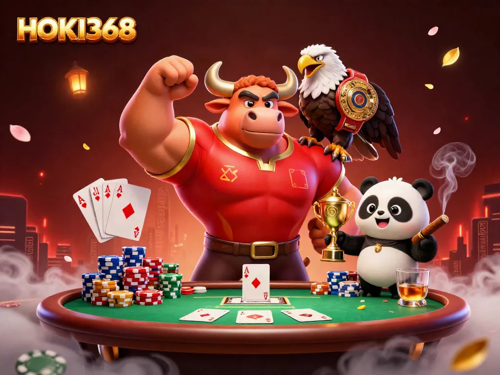Experience HOKI368 with a lively scene of a bull, eagle, and panda celebrating over a poker table amidst vibrant casino ambiance.
