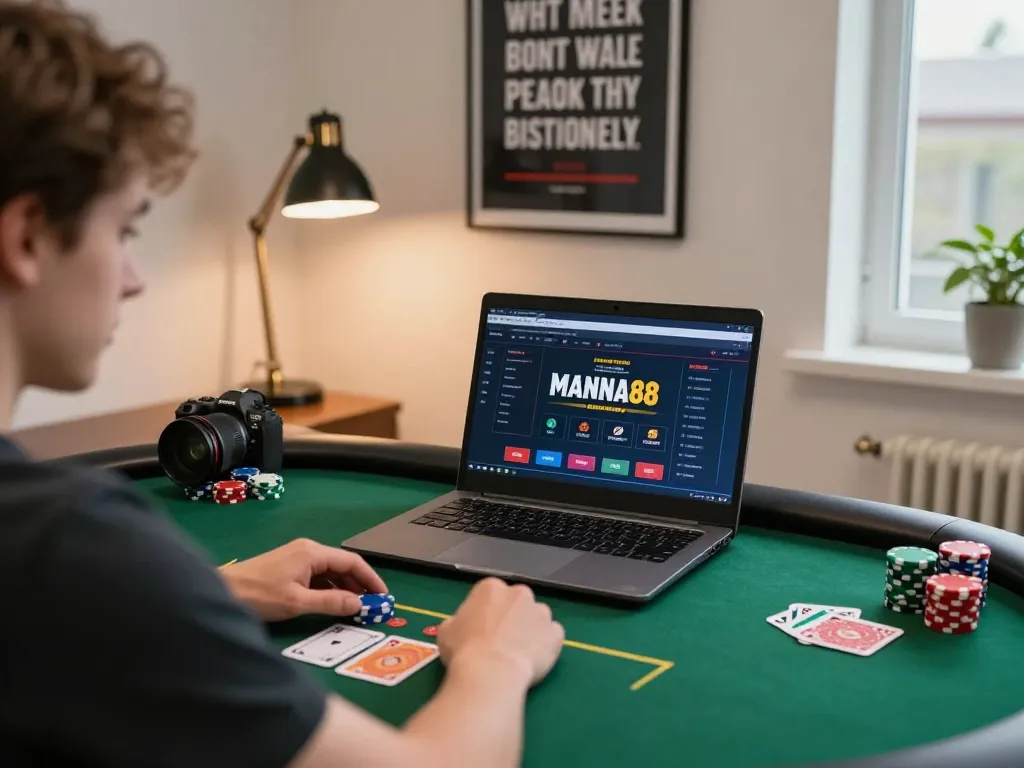 Engaging poker gameplay on mantra88 platform highlighted in a modern home setup.