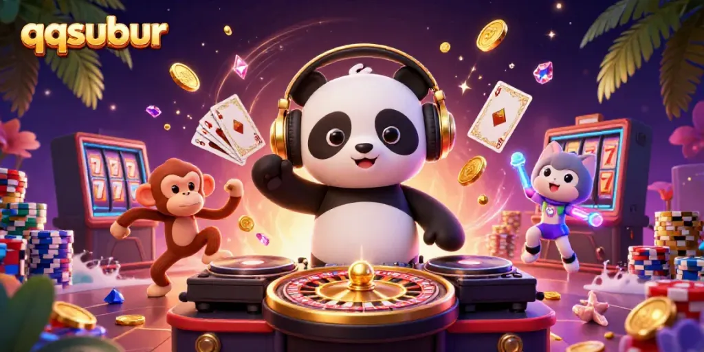Engage in interactive gaming fun with qqsubur's vibrant 3D casino illustration featuring a DJ panda and lively characters.