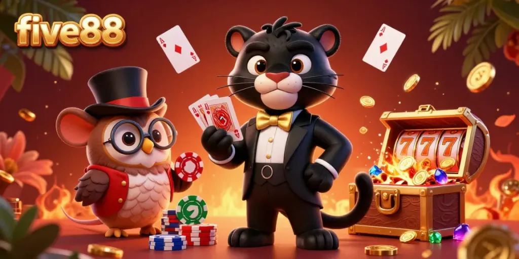 Experience the thrilling world of five88 casino featuring an elegant panther dealer, enchanting owl with chips, and lucky mouse within a vibrant casino setting.