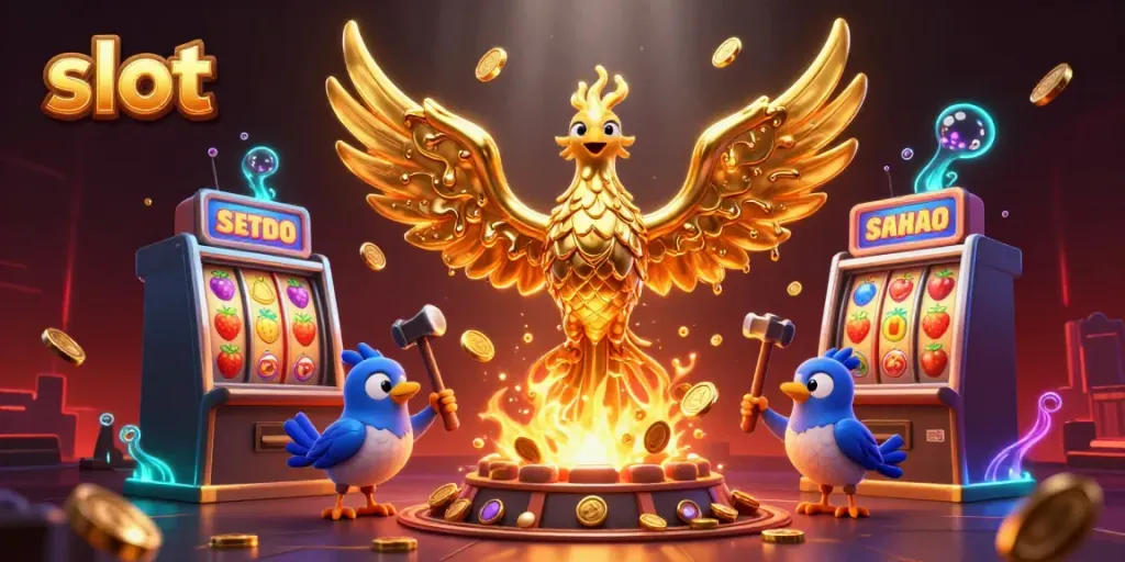 Engage with exhilarating slot action featuring a molten gold phoenix and vibrant jackpot scenes.