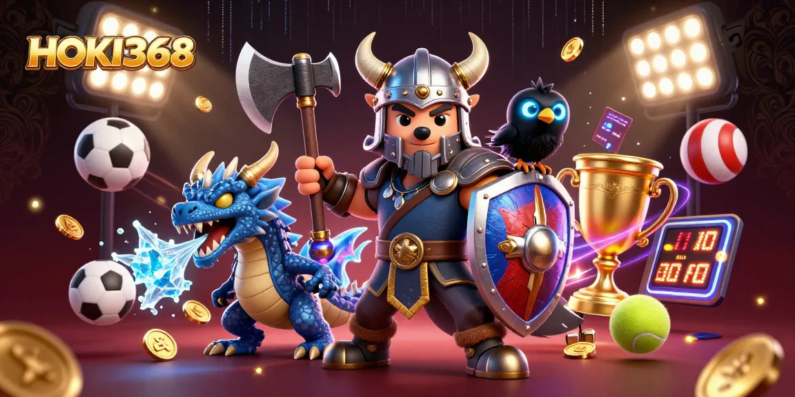 Experience thrilling action with HOKI368, showcasing an epic Viking wolf warrior, dragon, and vibrant gaming elements.