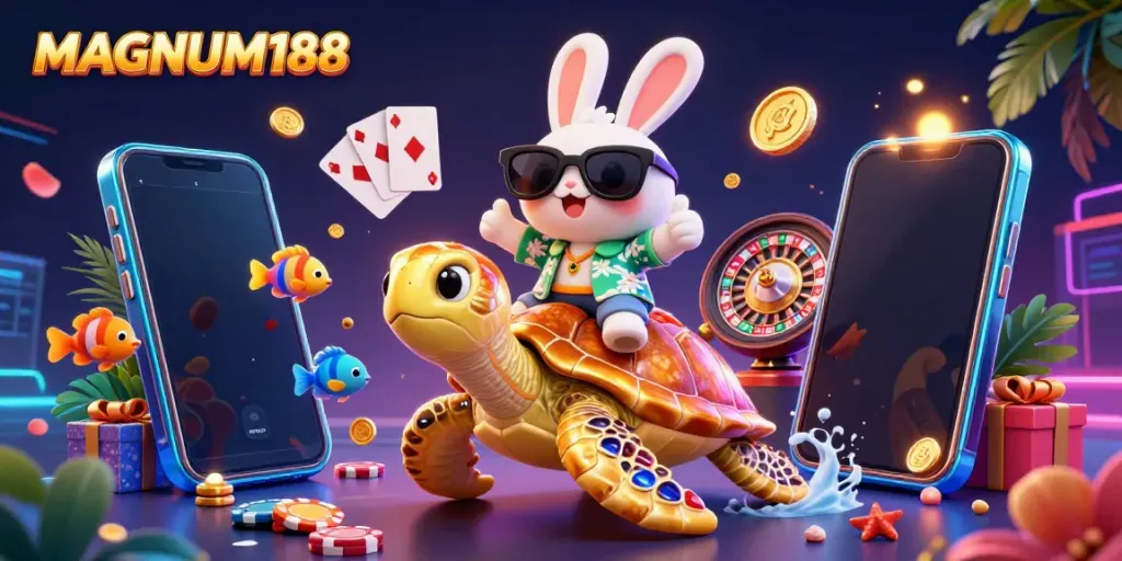 Get ready to experience MAGNUM188 with a lucky rabbit and a golden sea turtle in a vibrant casino scene!