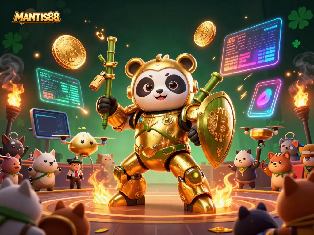Experience thrilling gameplay with MANTIS88 in a vibrant casino-themed scene featuring a gold panda and crypto elements.