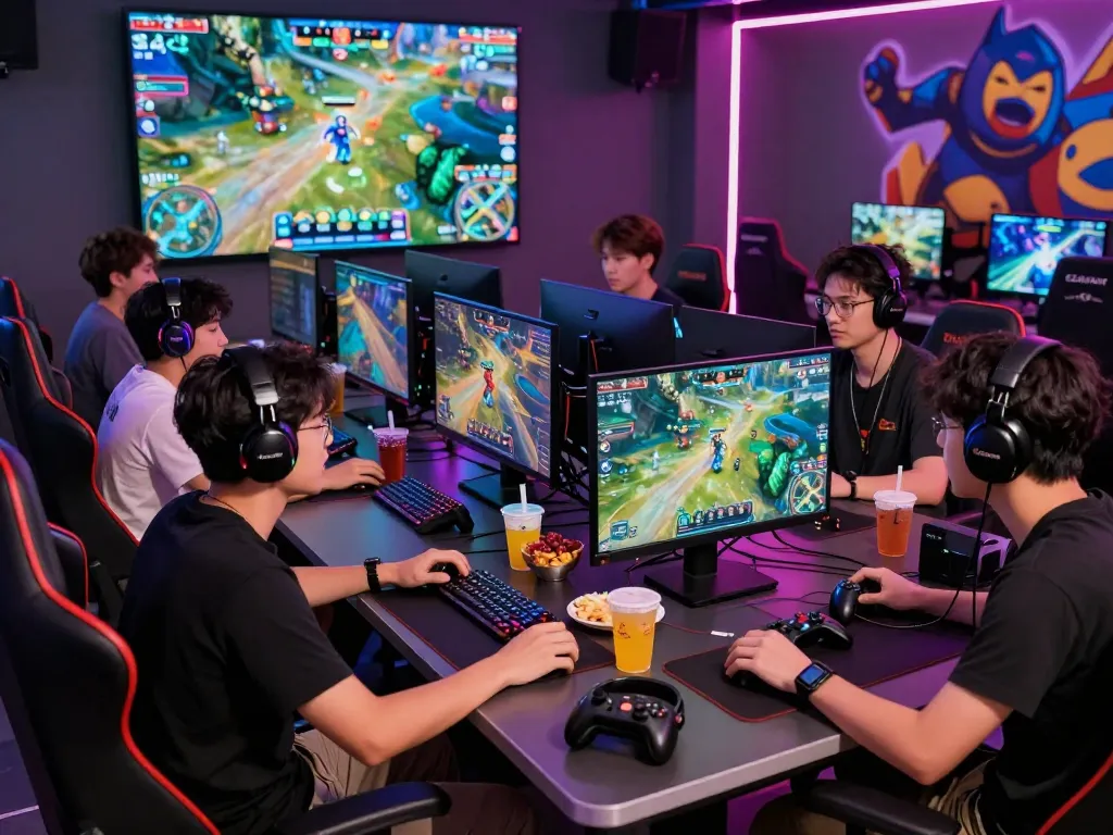 Group of friends playing autowin88 online games in a vibrant gaming lounge.