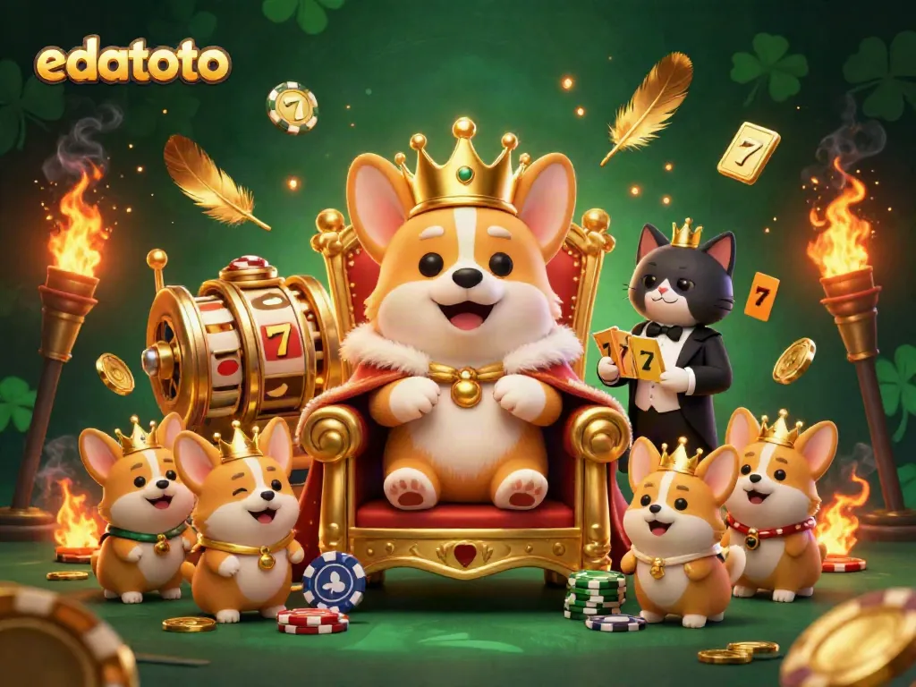 Experience a vibrant edatoto gaming scene with a royal corgi and dynamic slot elements.