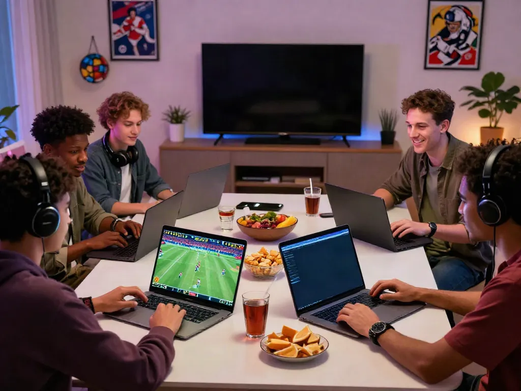 Friends enjoying live sports betting at https://ku88vt.com/ with vibrant atmosphere and snacks.